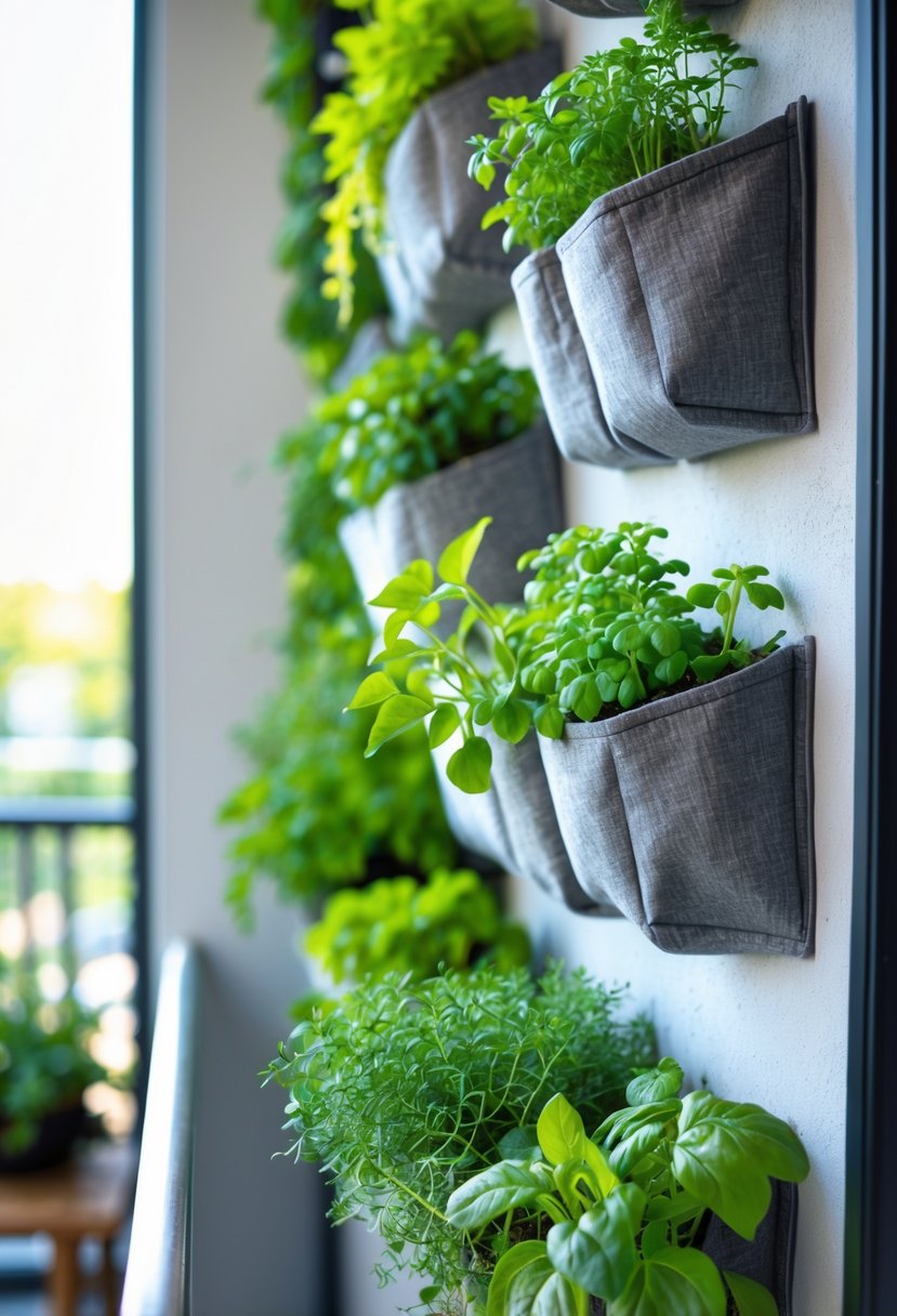 Vertical garden with fabric pocket planters filled with small green plants on a wall in a bright indoor space.