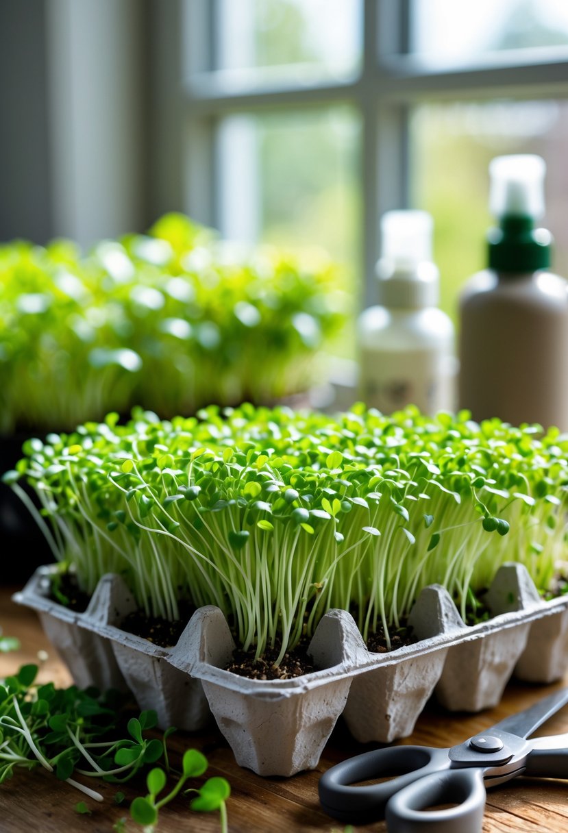 Microgreens growing densely in egg cartons on a wooden windowsill with sunlight and small gardening tools nearby.