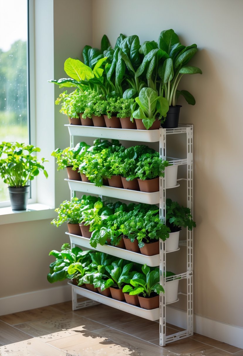 A vertical shoe rack repurposed as a small indoor garden with fresh green salad plants growing in pots on each shelf near a window.