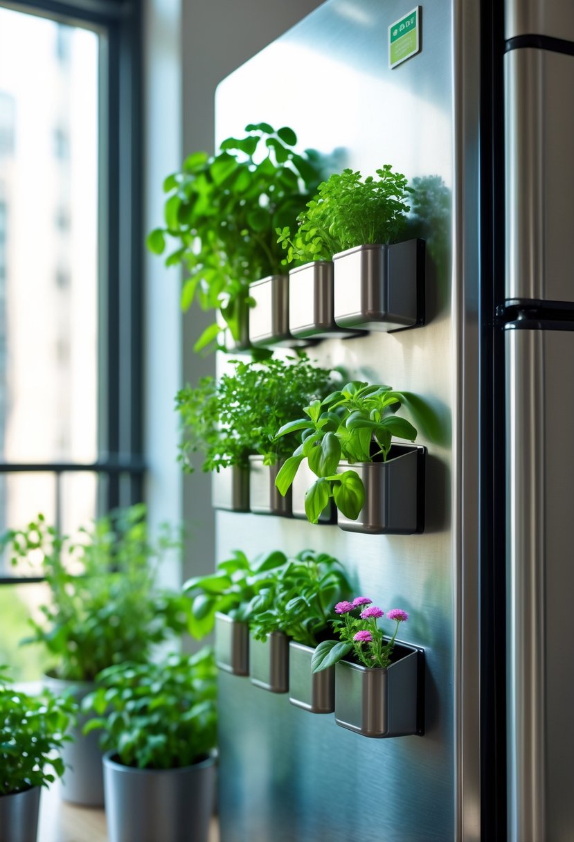 Magnetic planters with green herbs and small plants attached to a metal surface in a small kitchen or balcony garden.