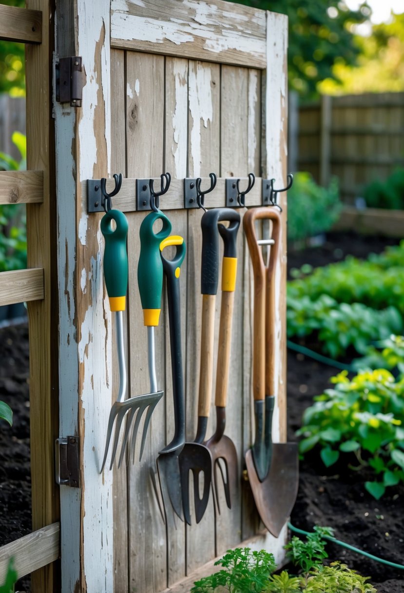 An old wooden door with metal hooks holding garden tools outdoors in a garden setting.