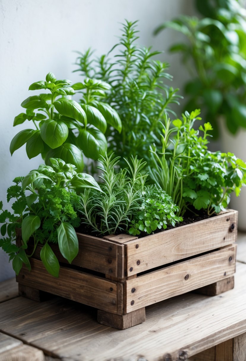 A small wooden crate filled with fresh green herbs including basil, rosemary, thyme, and parsley, placed on a wooden surface.