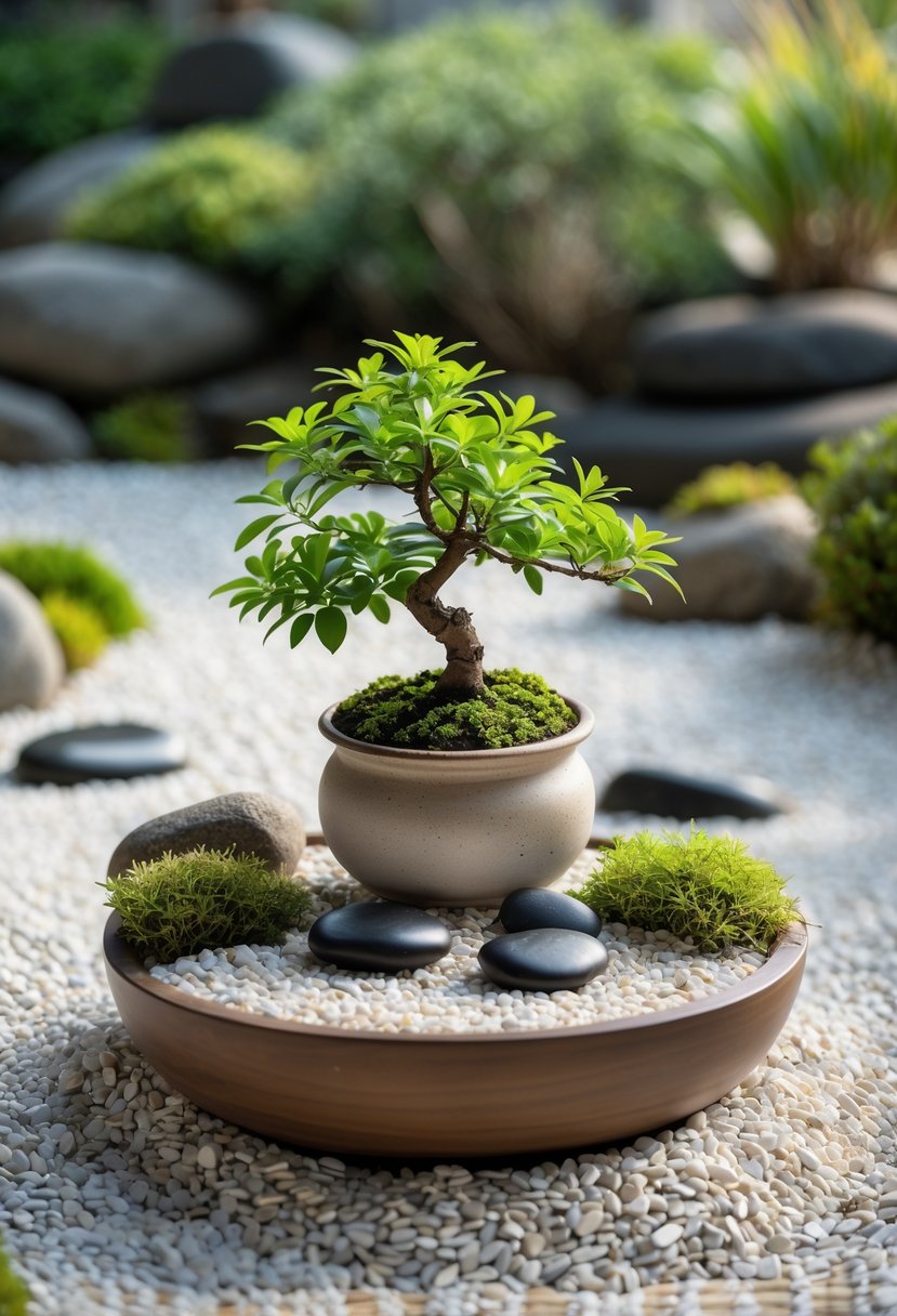 A small zen garden with white gravel, a bonsai tree in a pot, smooth black stones, and moss arranged on a wooden tray.