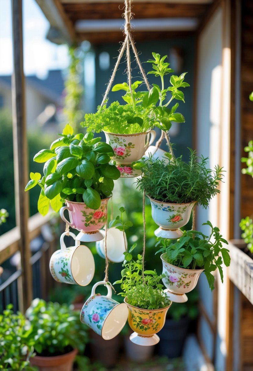 A small outdoor garden with colorful teacups hanging and filled with fresh green herbs on a wooden frame.