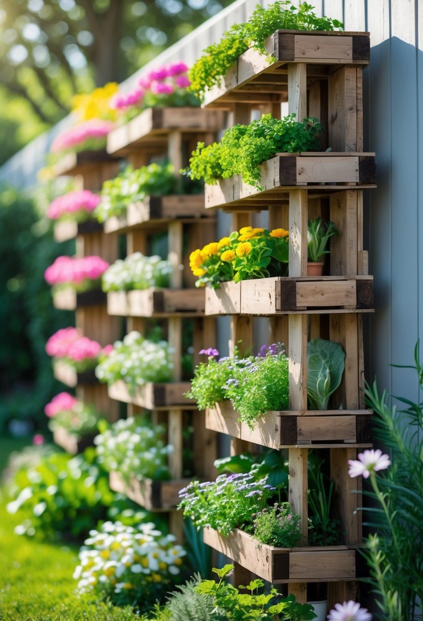 Vertical wooden pallet planters filled with green plants and colorful flowers in an outdoor garden setting.