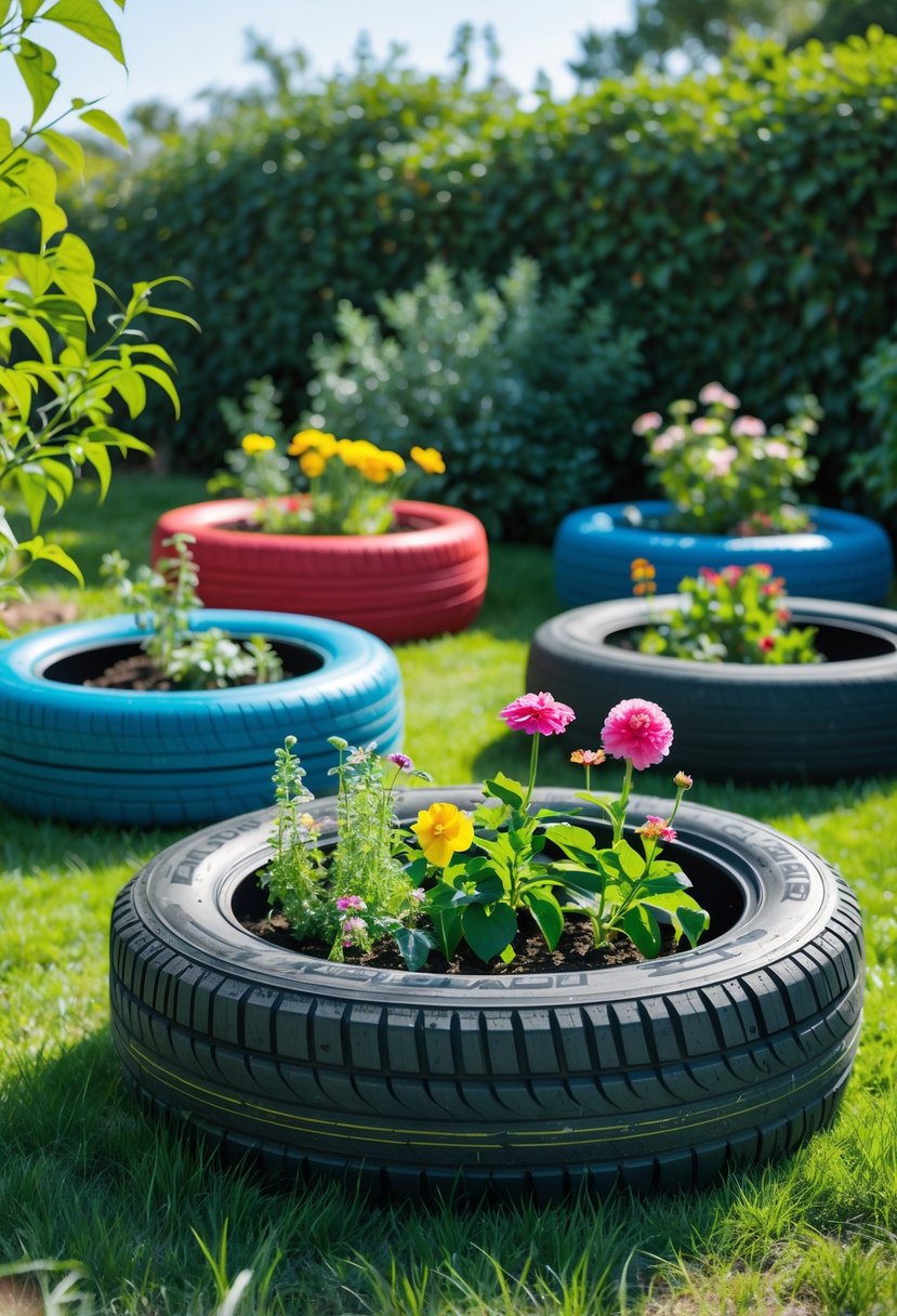 Colorful painted tire planters filled with flowers arranged in a garden on green grass.