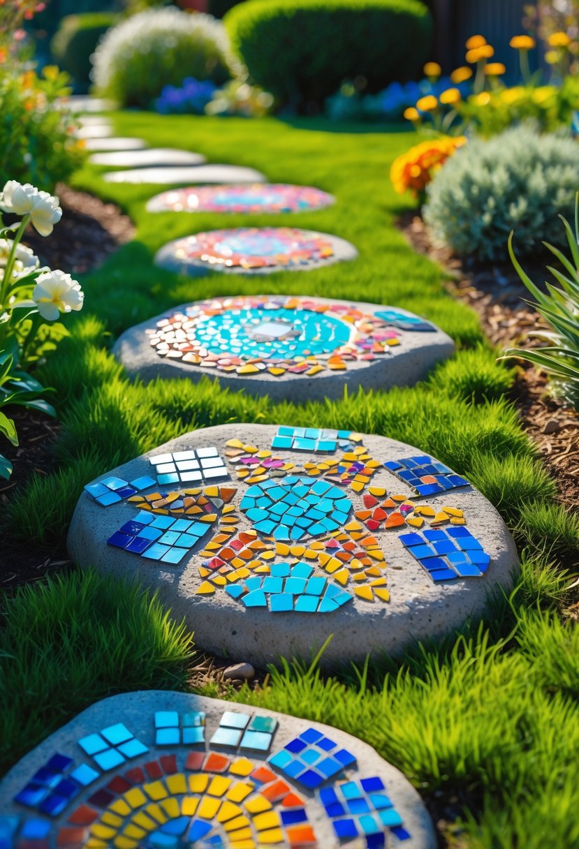 A garden pathway with colorful mosaic tile stepping stones surrounded by green grass and flowering plants.
