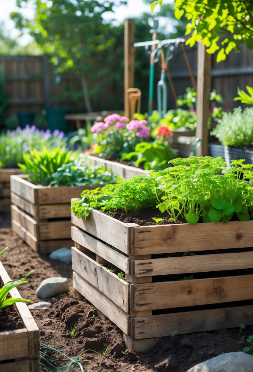 Outdoor garden with wooden crate beds filled with green plants and colorful flowers under sunlight.