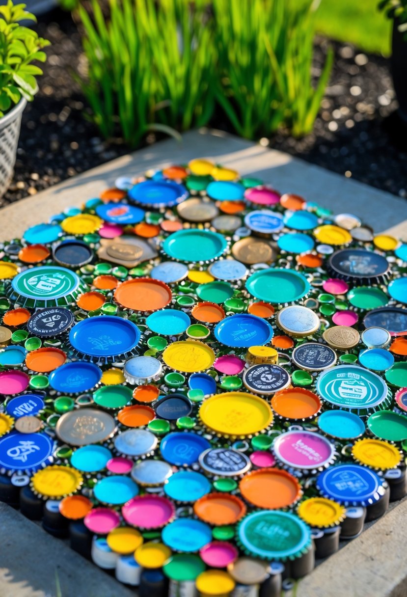 A colorful garden mosaic made from bottle caps arranged on the ground surrounded by grass and plants.