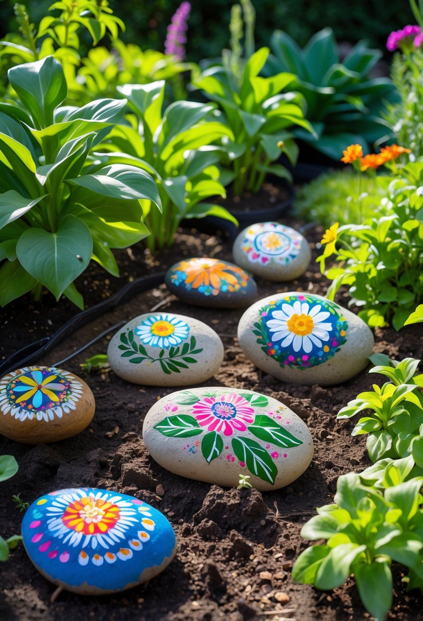 A garden with colorful hand-painted rocks used as plant markers placed among green plants and soil.