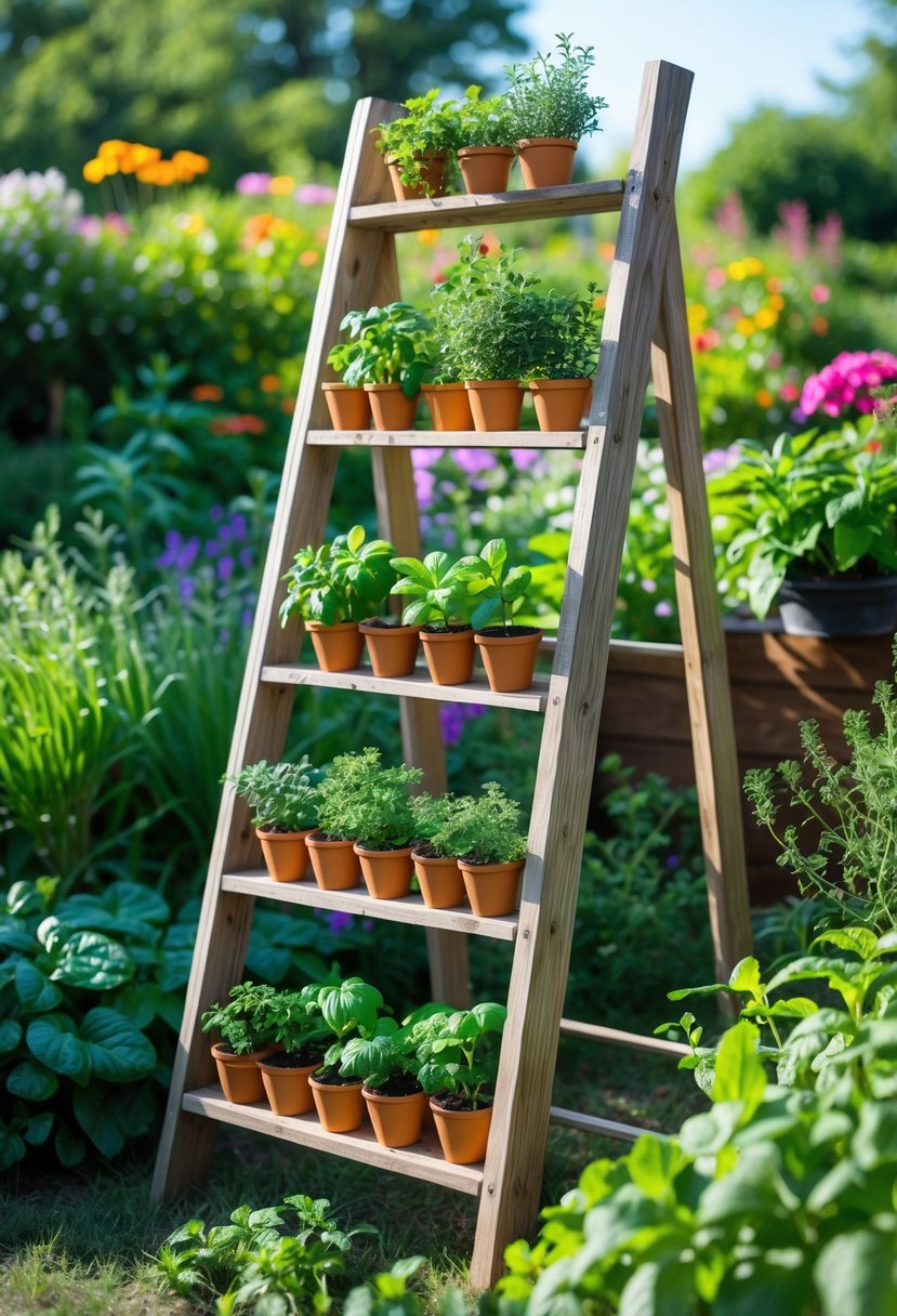 An outdoor wooden ladder used as a vertical herb garden with pots of fresh herbs in a vibrant garden setting.