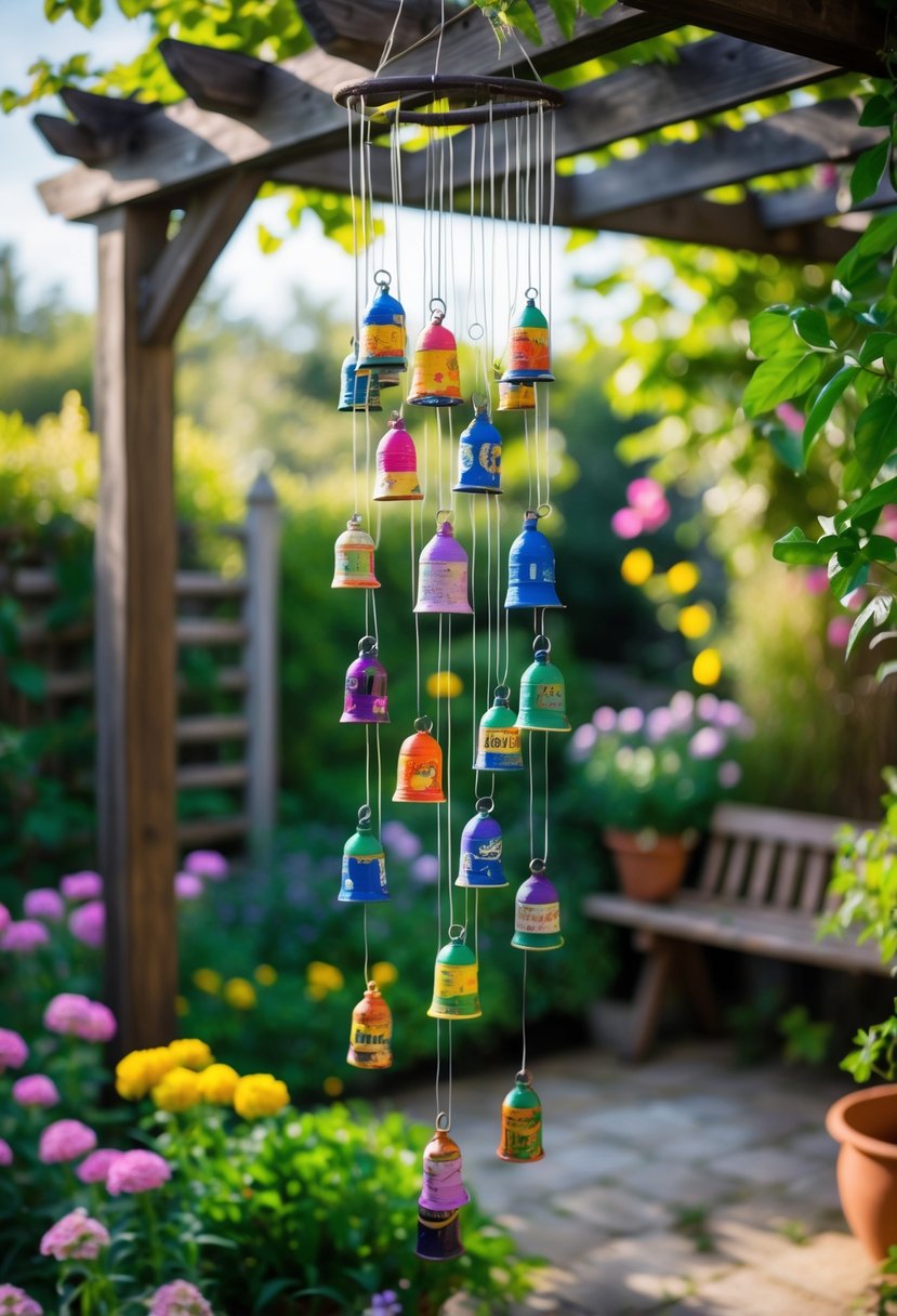 Colorful bottle cap wind chimes hanging in a sunny garden surrounded by green plants and blooming flowers.