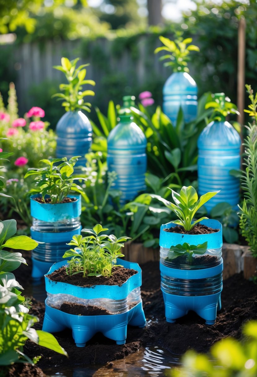 A garden scene with several self-watering planters made from repurposed plastic bottles holding green plants and flowers.