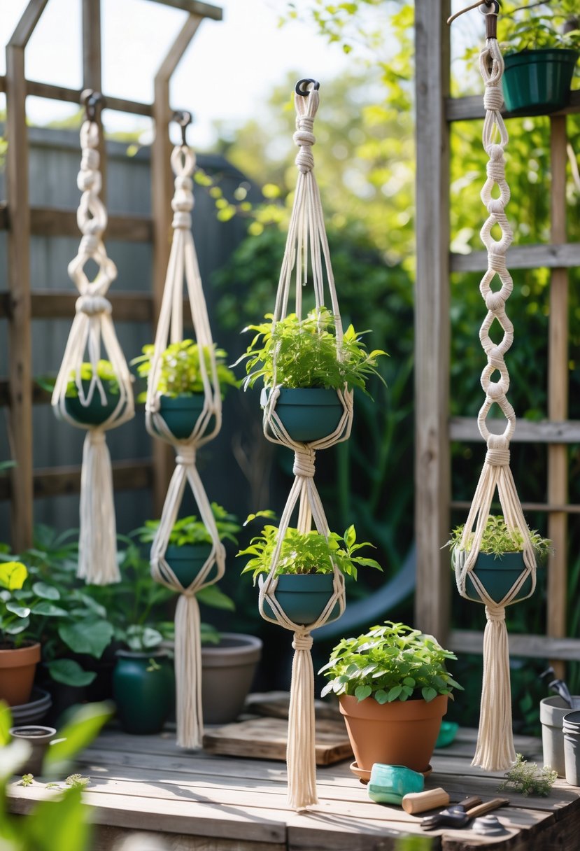 Several handmade macrame plant hangers with green plants hanging outdoors in a garden surrounded by foliage and gardening tools.