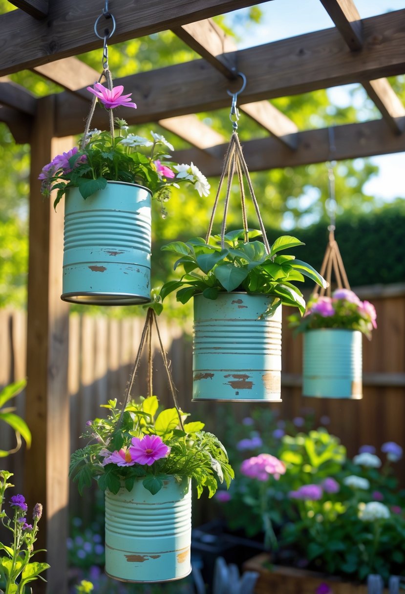 Tin cans hanging as planters filled with flowers and greenery in a garden setting.