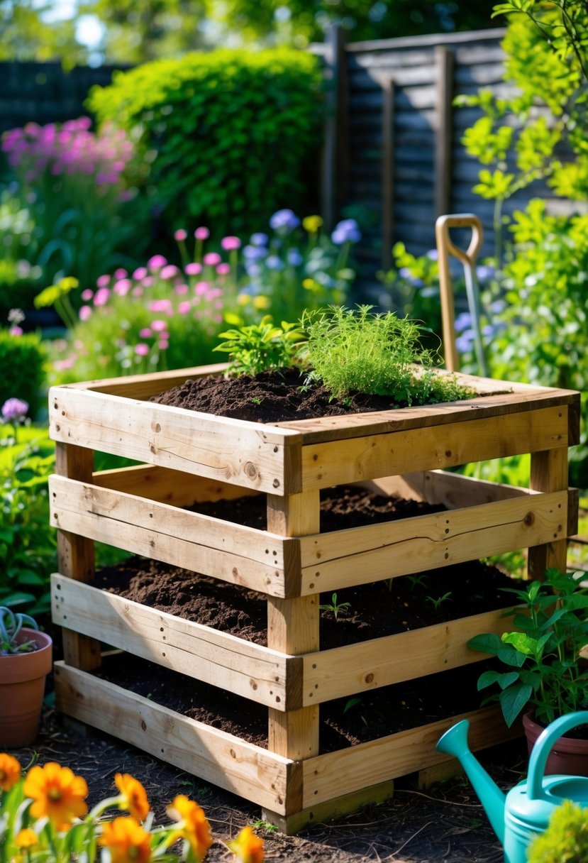 A homemade compost bin made from wooden pallets in a garden surrounded by plants and flowers.