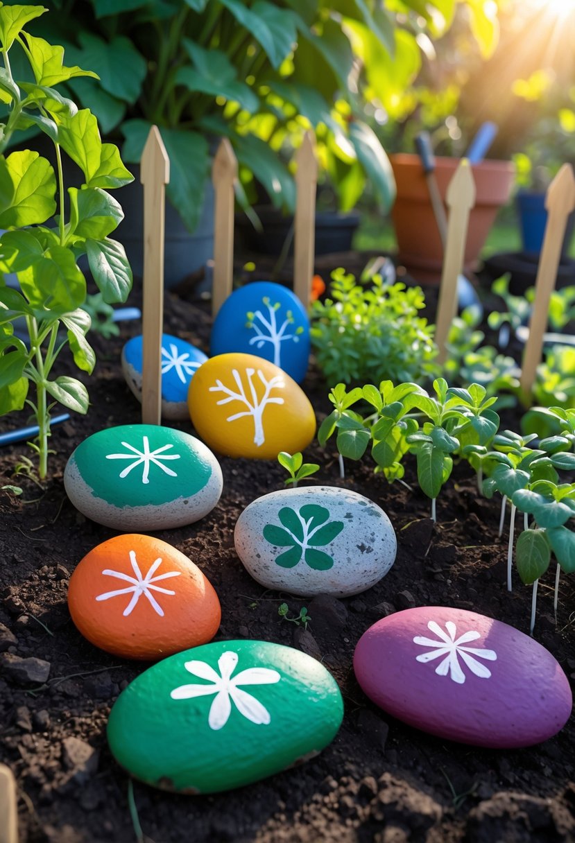 A garden bed with colorful painted rocks used as markers among green plants and seedlings.