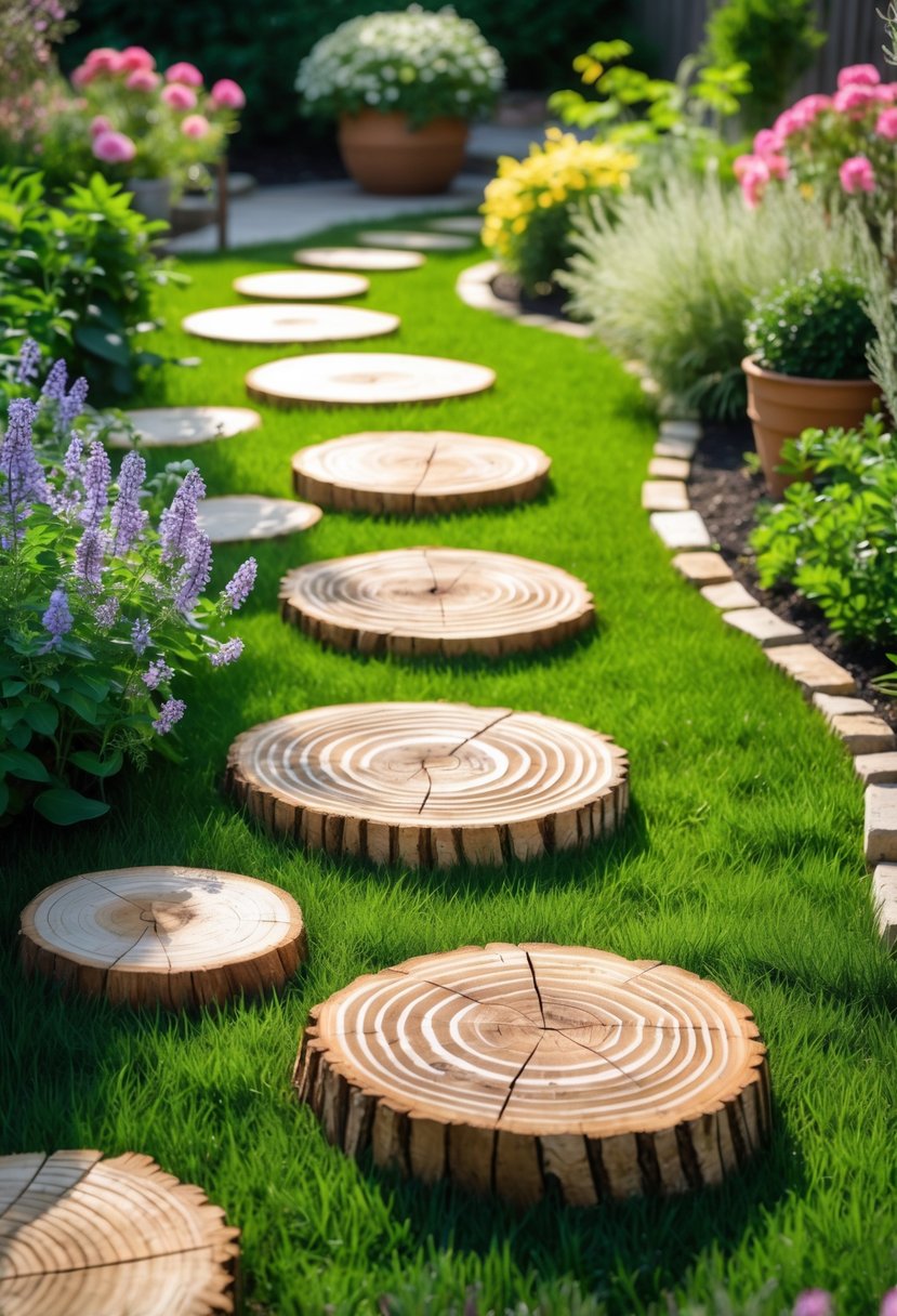 A garden pathway made of round log slice stepping stones surrounded by green grass and colorful flowers.