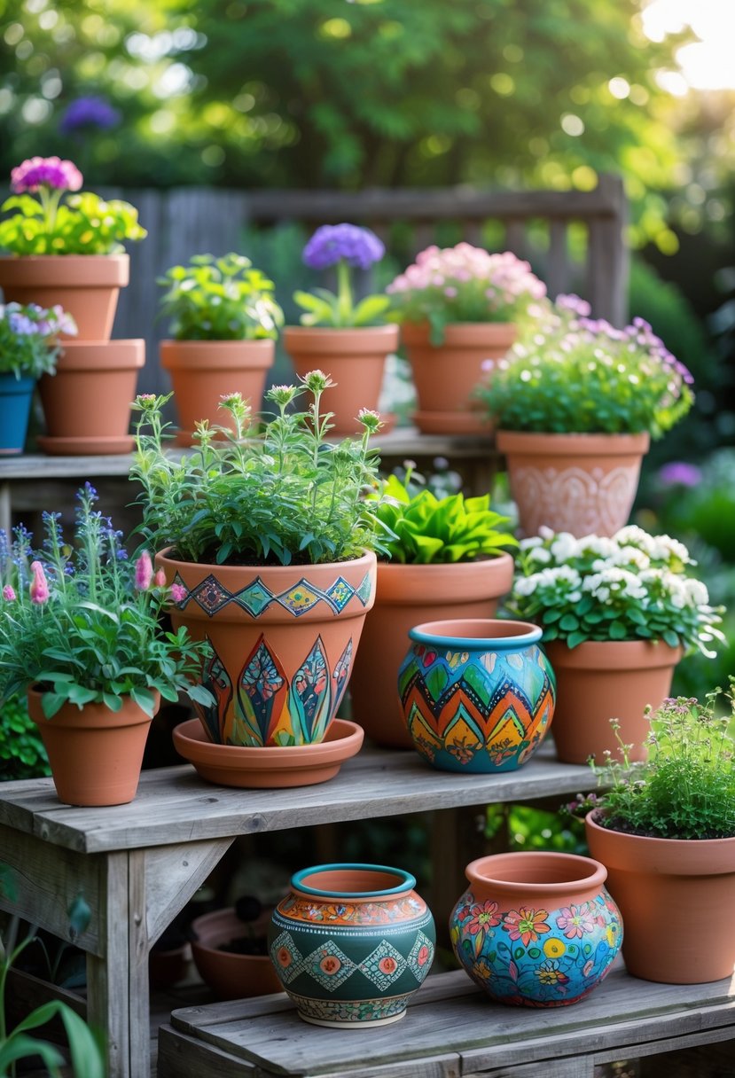 A group of painted terra cotta pots with colorful patterns filled with plants and flowers arranged in a garden.