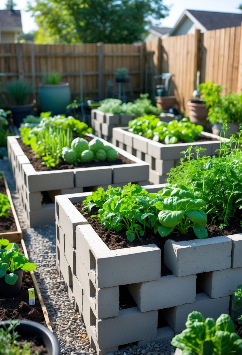 Raised garden beds made from concrete blocks filled with green plants in a backyard garden.