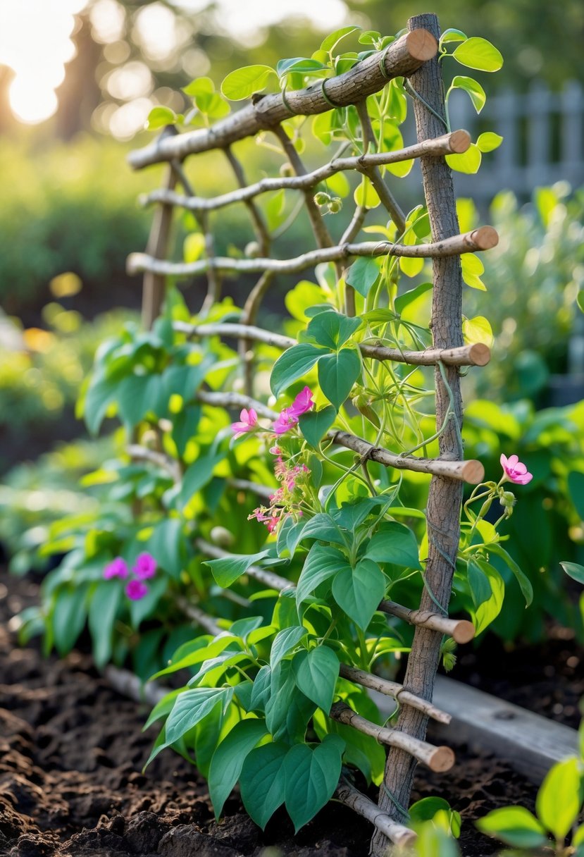 A twig trellis supporting climbing plants in a green garden with flowers and sunlight.