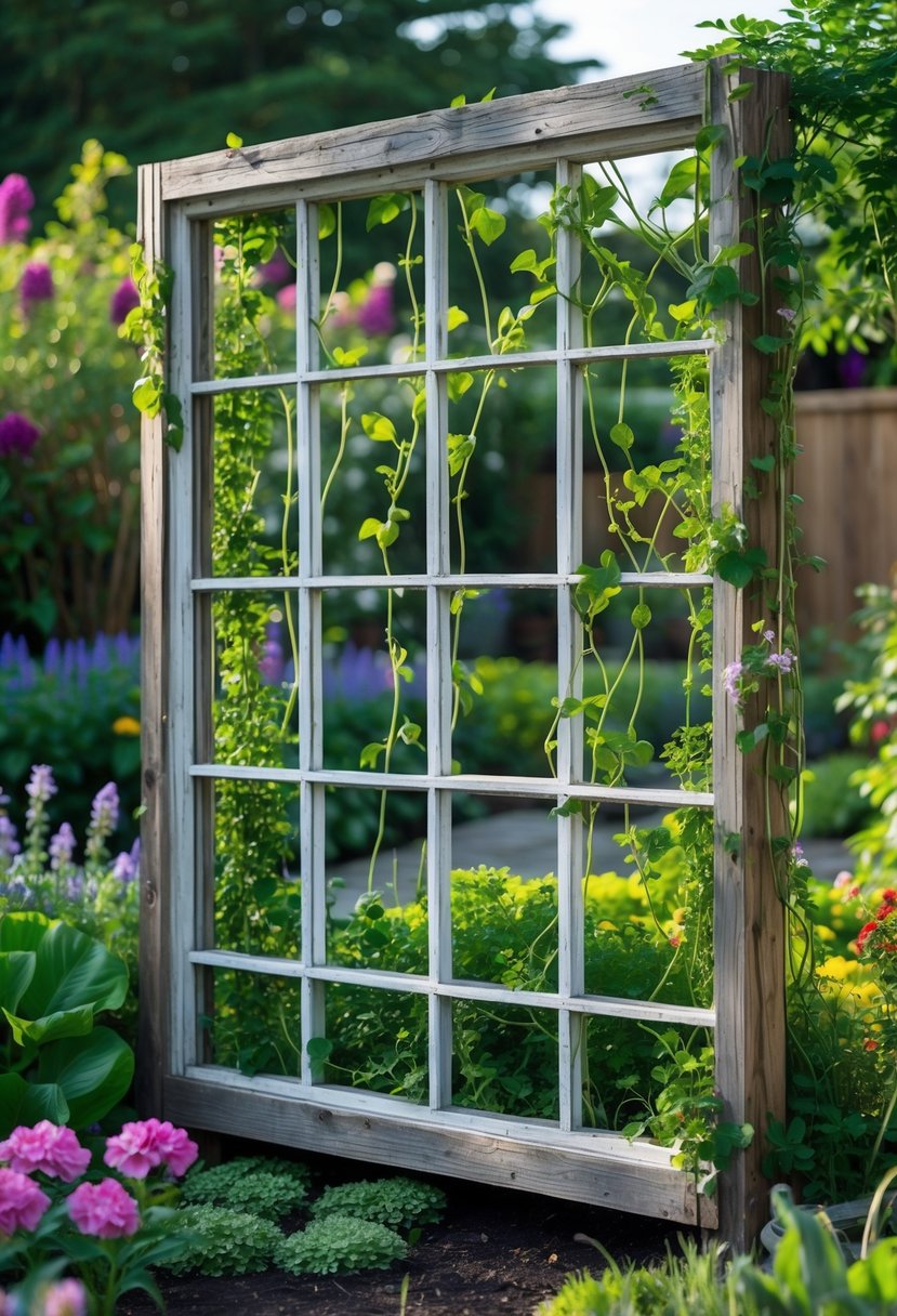 A garden with a recycled wooden window frame used as a trellis supporting climbing plants and surrounded by colorful flowers.