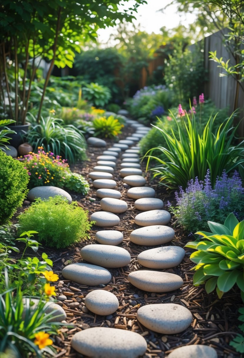 A garden path made of river stones winding through green plants and colorful flowers.