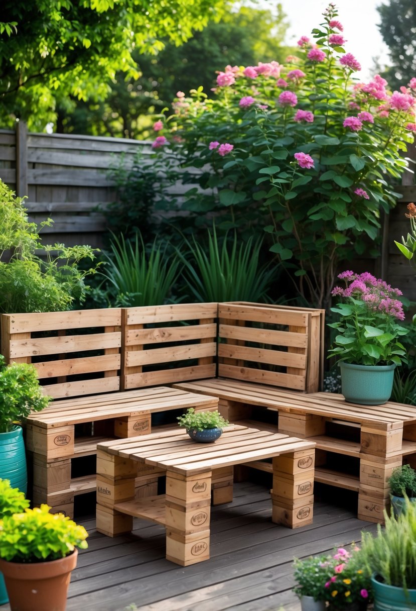 Outdoor garden with pallet wood bench and table surrounded by green plants and flowers.