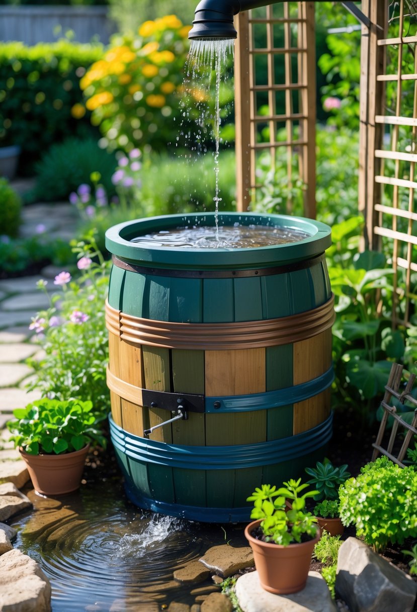 A rainwater collection barrel in a garden surrounded by plants and flowers with water flowing into it from a downspout.