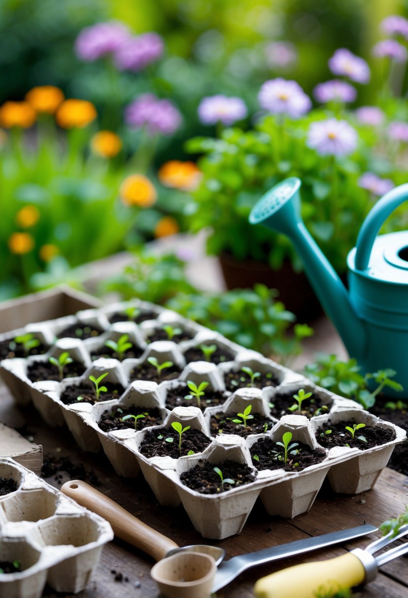Egg cartons used as seed starters with soil and small green sprouts on a wooden table surrounded by gardening tools and a garden background.