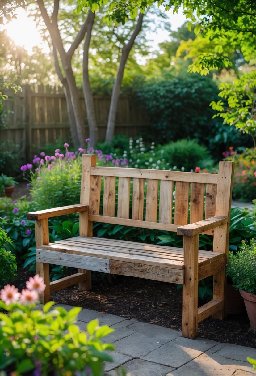 A wooden garden bench made from reclaimed wood surrounded by flowering plants and greenery in a garden.