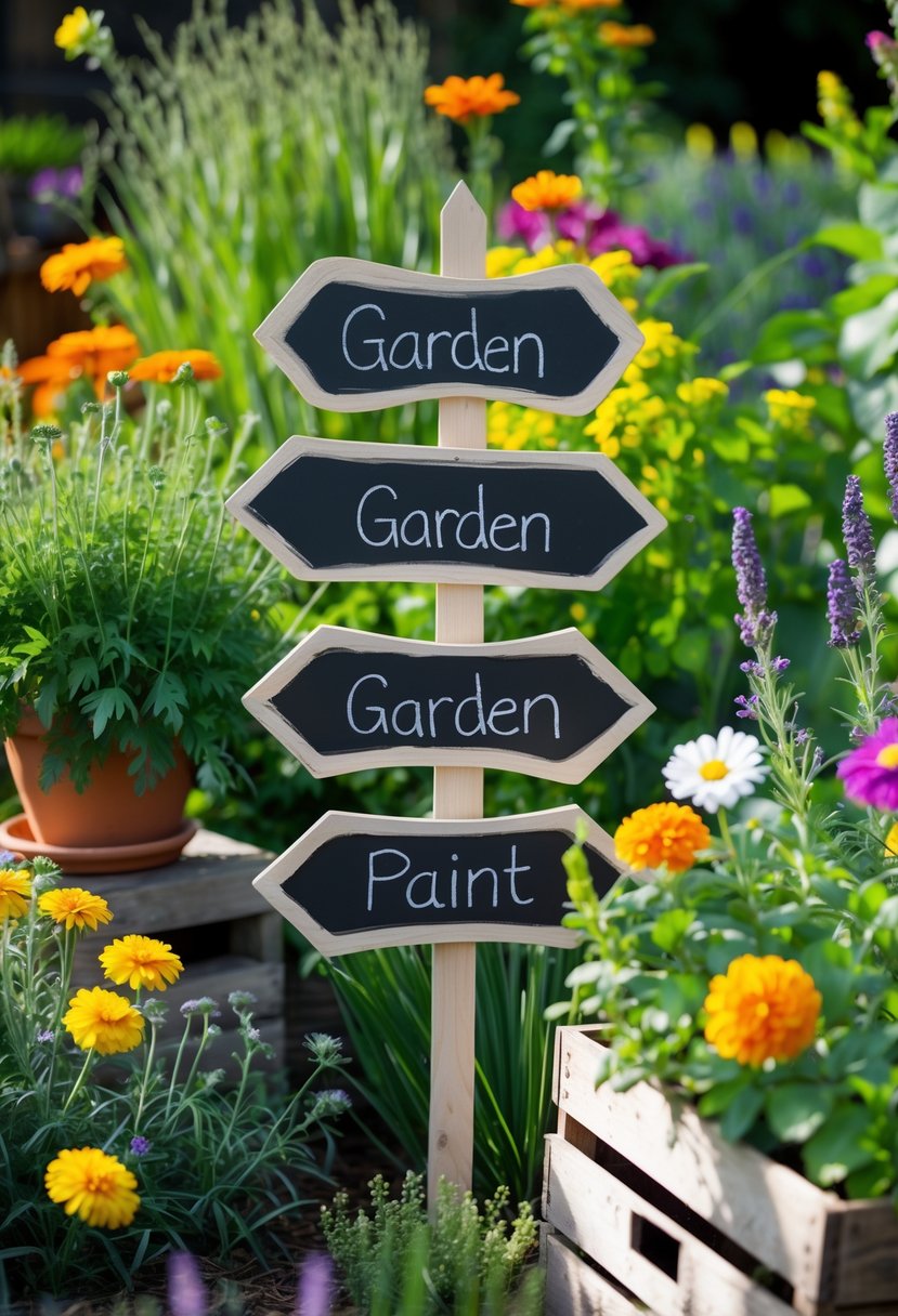 Wooden decorative garden signs without text surrounded by colorful flowers and green plants in a sunny garden.