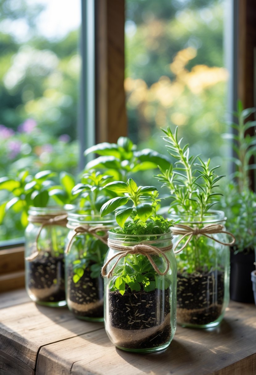 Several mason jars filled with soil and green herbs arranged on a wooden windowsill with sunlight coming through a window.
