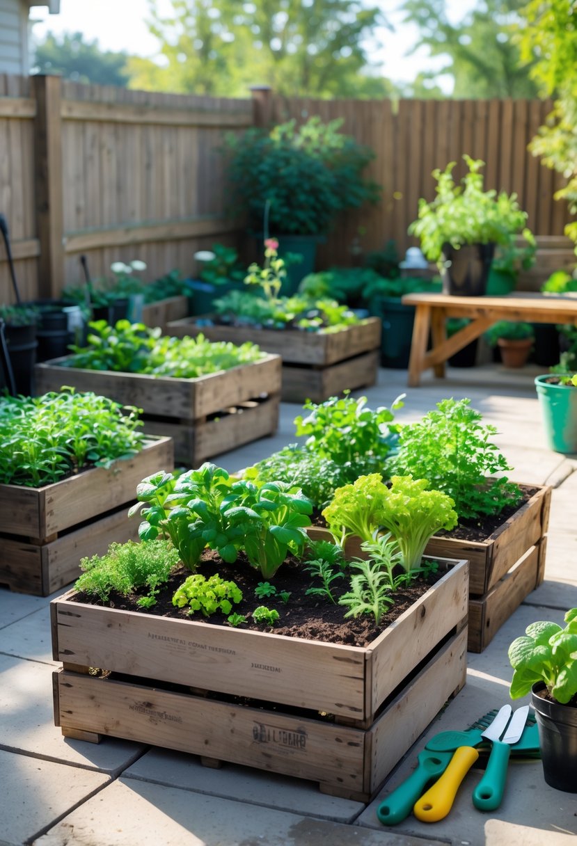 Outdoor garden with wooden crate raised beds filled with green plants and gardening tools on a sunny patio.