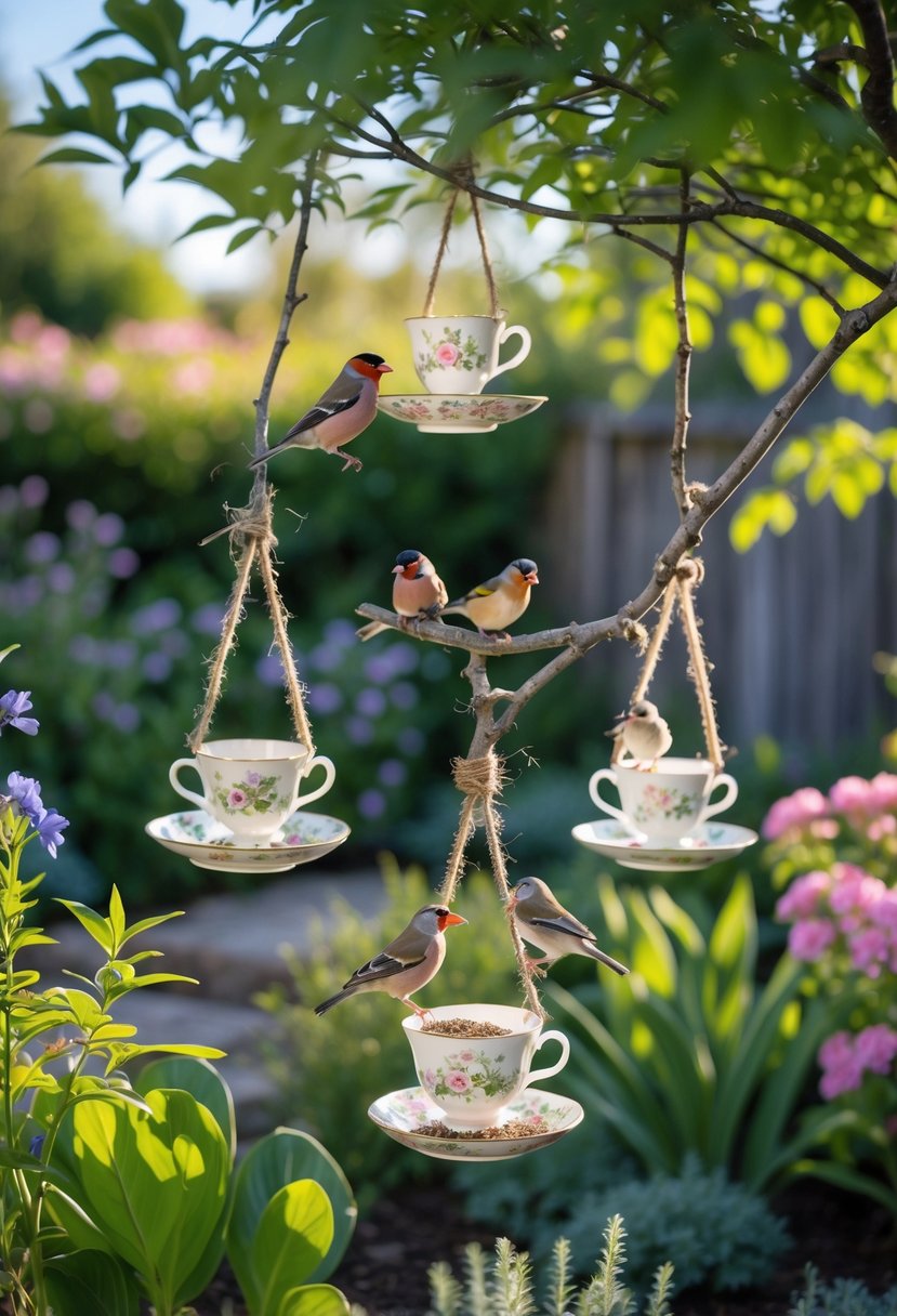 Tea cups hung from tree branches in a garden, used as bird feeders with small birds perched on them and surrounded by green plants and flowers.