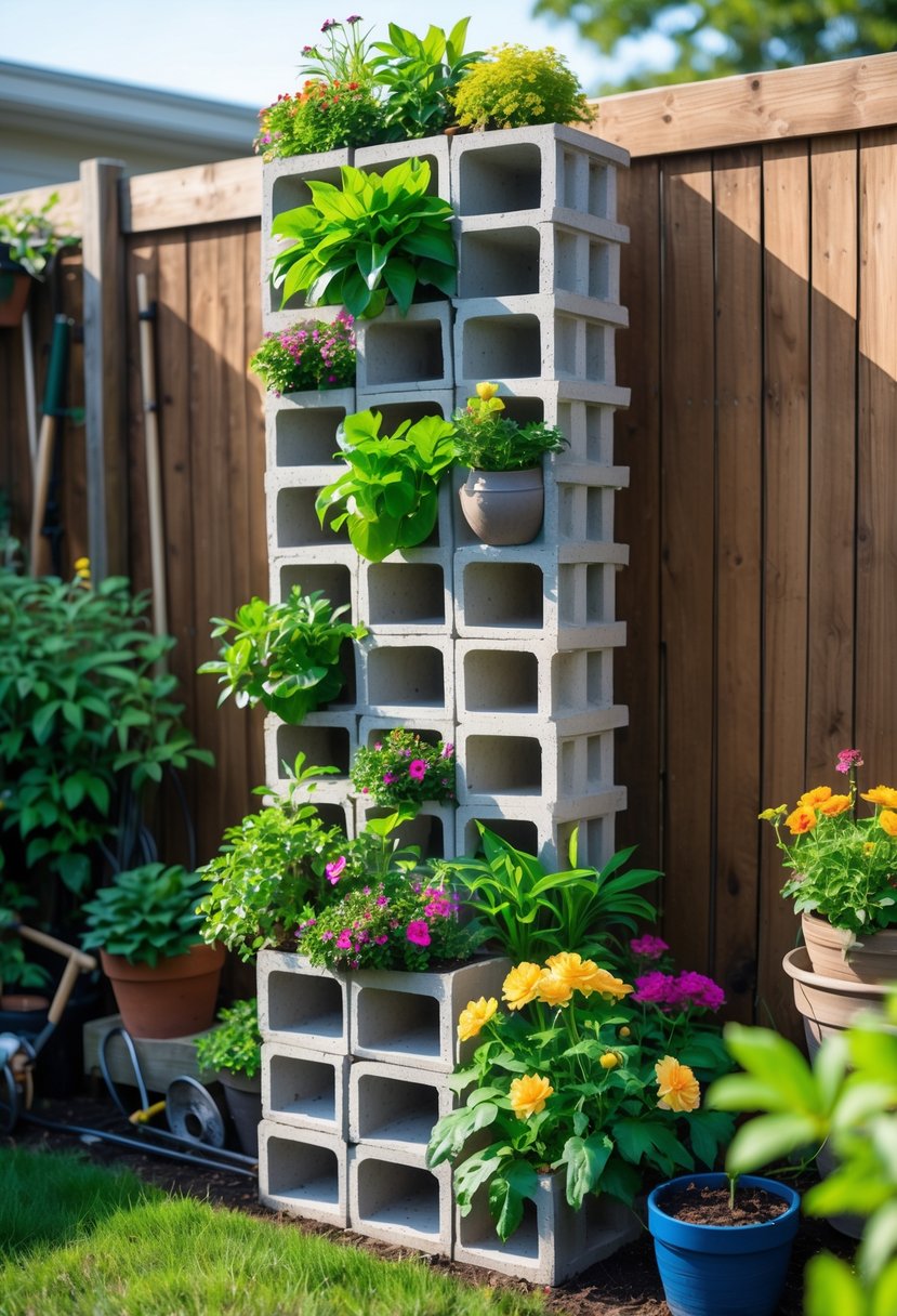 Vertical cinder block planter filled with green plants and flowers in a sunny garden.