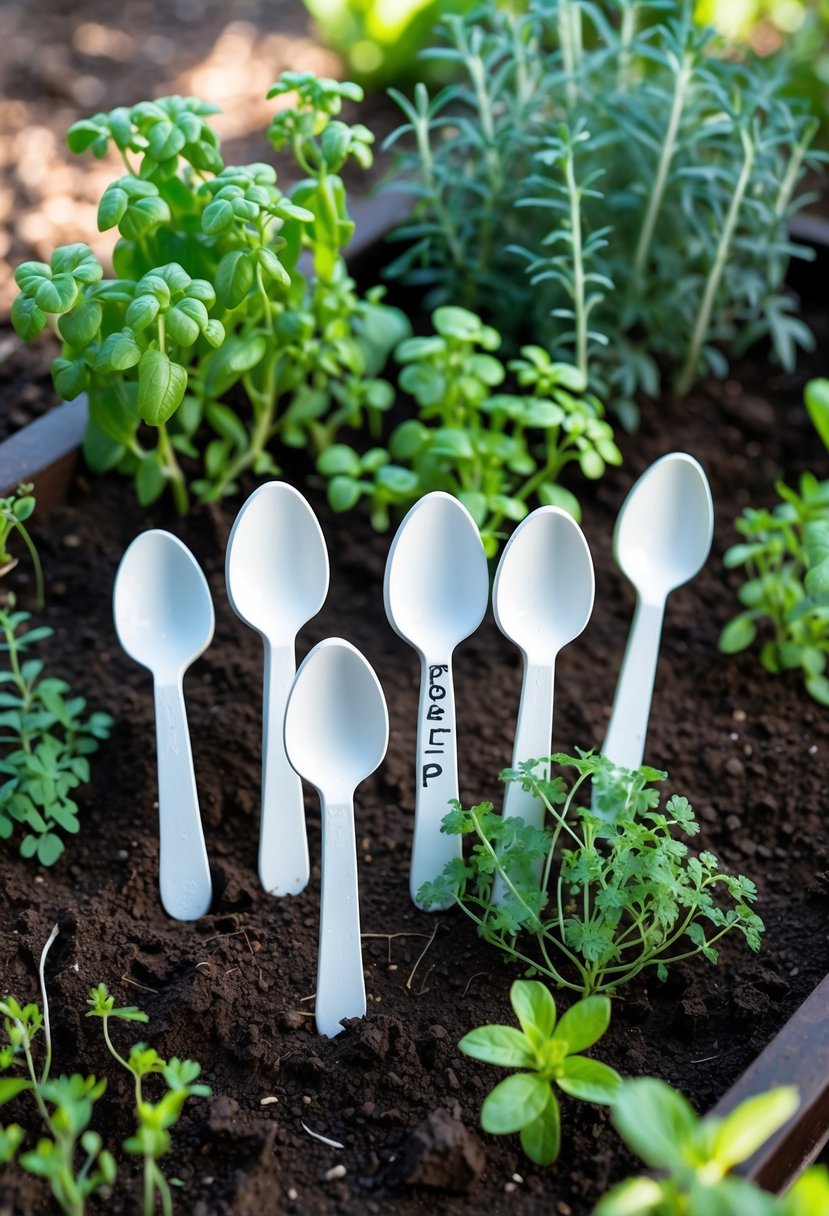 A small garden bed with green herbs and vegetable seedlings marked by white plastic spoon plant labels stuck in the soil.