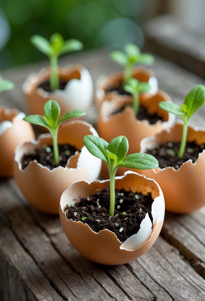Small green seedlings growing in cracked eggshells used as seedling pots on a wooden surface.