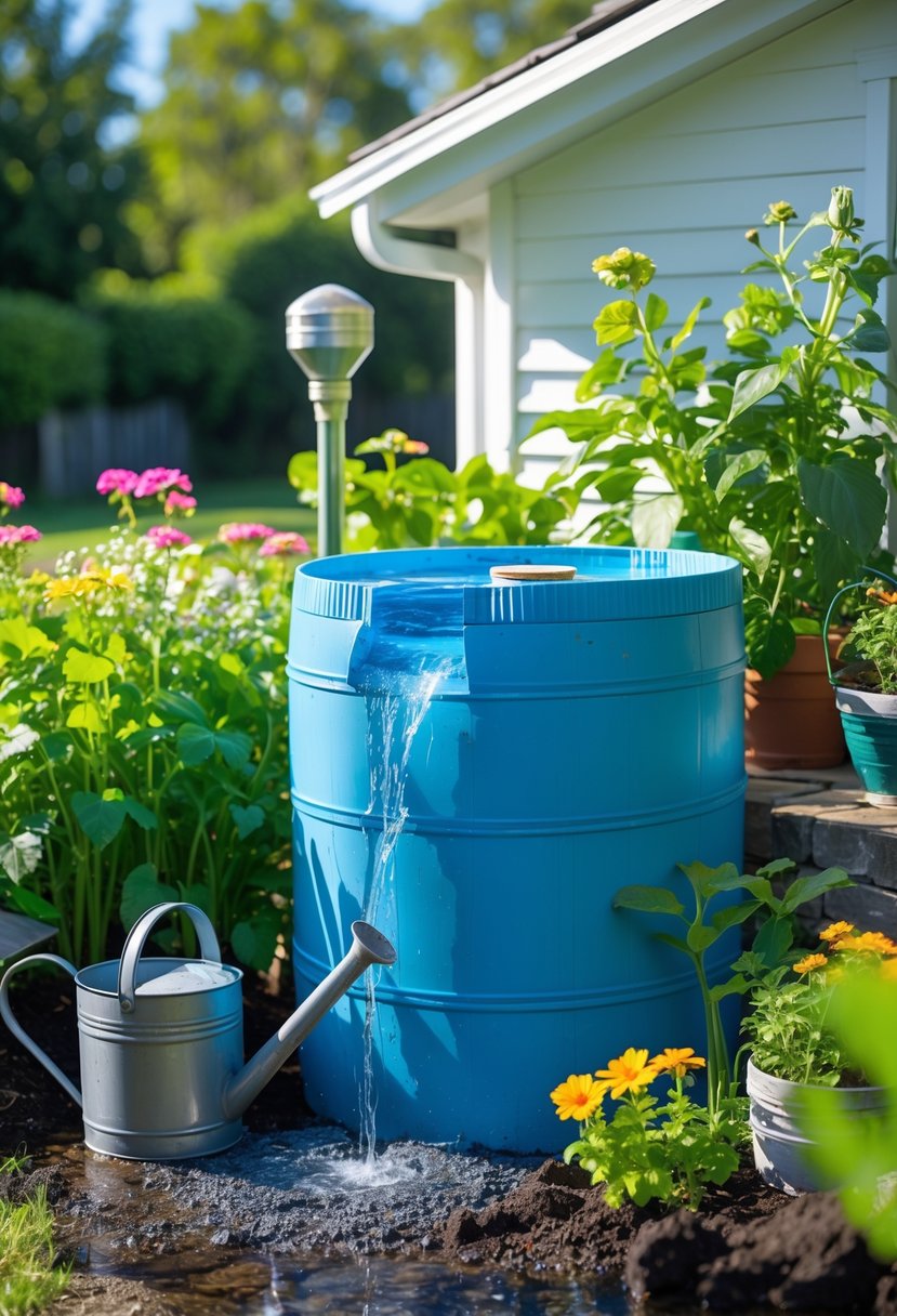 A garden with a homemade rainwater collection barrel next to a house downspout, surrounded by green plants and flowers on a sunny day.
