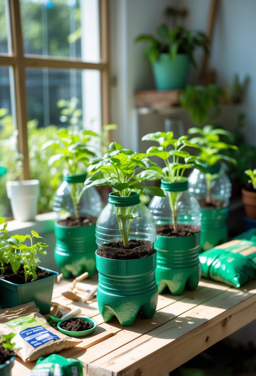 Recycled plastic bottle self-watering planters with green plants arranged on a wooden surface alongside gardening tools in a small garden setting.