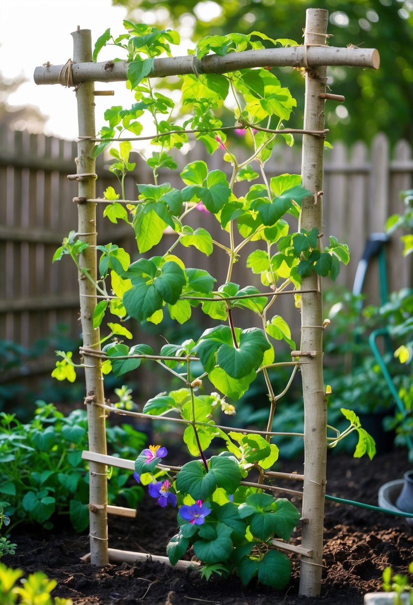 A garden with a handmade twig and branch trellis supporting climbing plants surrounded by other greenery and flowers.