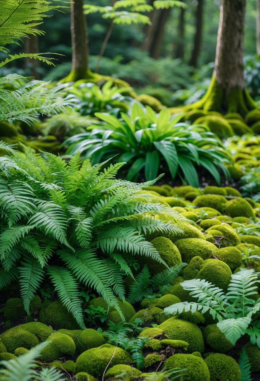 Close-up of a lush forest floor covered with green ferns and moss under soft natural light.