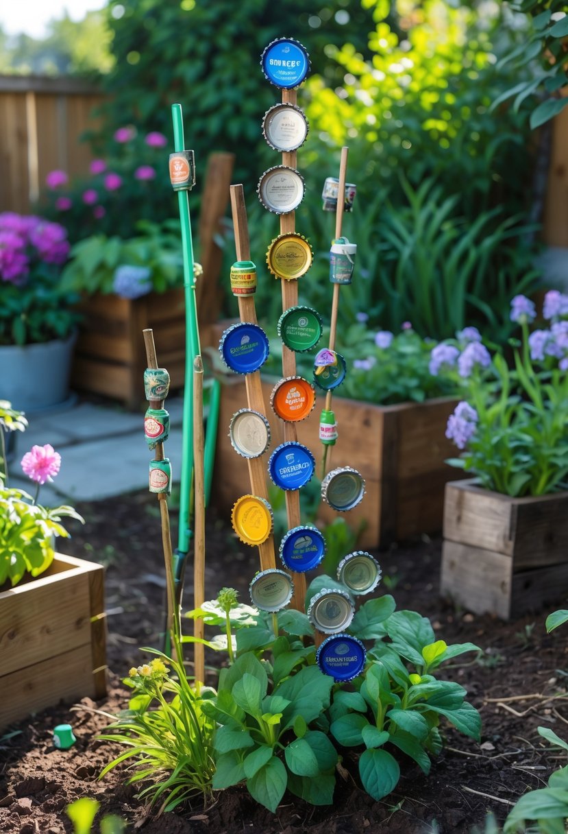 A backyard garden with colorful bottle cap art displayed among green plants and flowers.