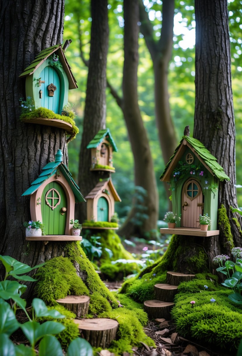 Tree trunks in a forest with small decorative fairy doors surrounded by moss and plants.