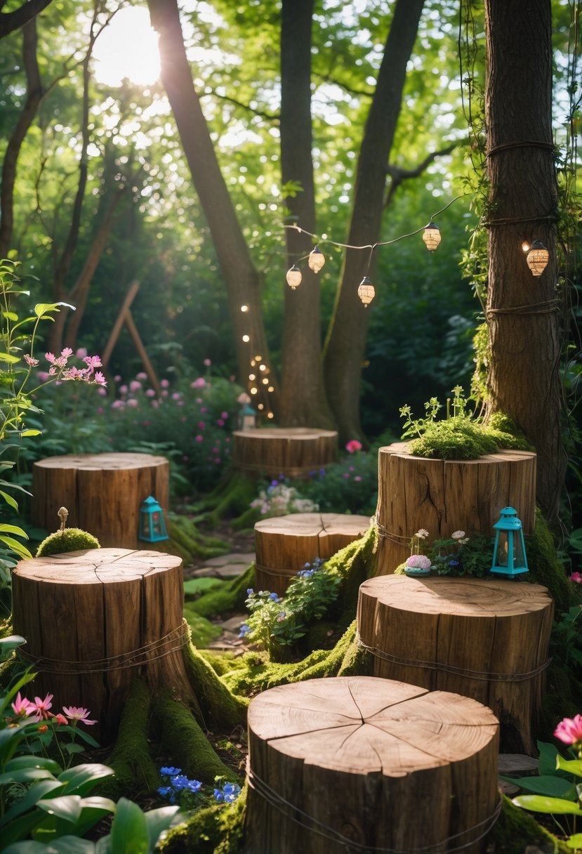 A garden with tree stumps used as seats surrounded by green plants, flowers, and soft sunlight filtering through trees.