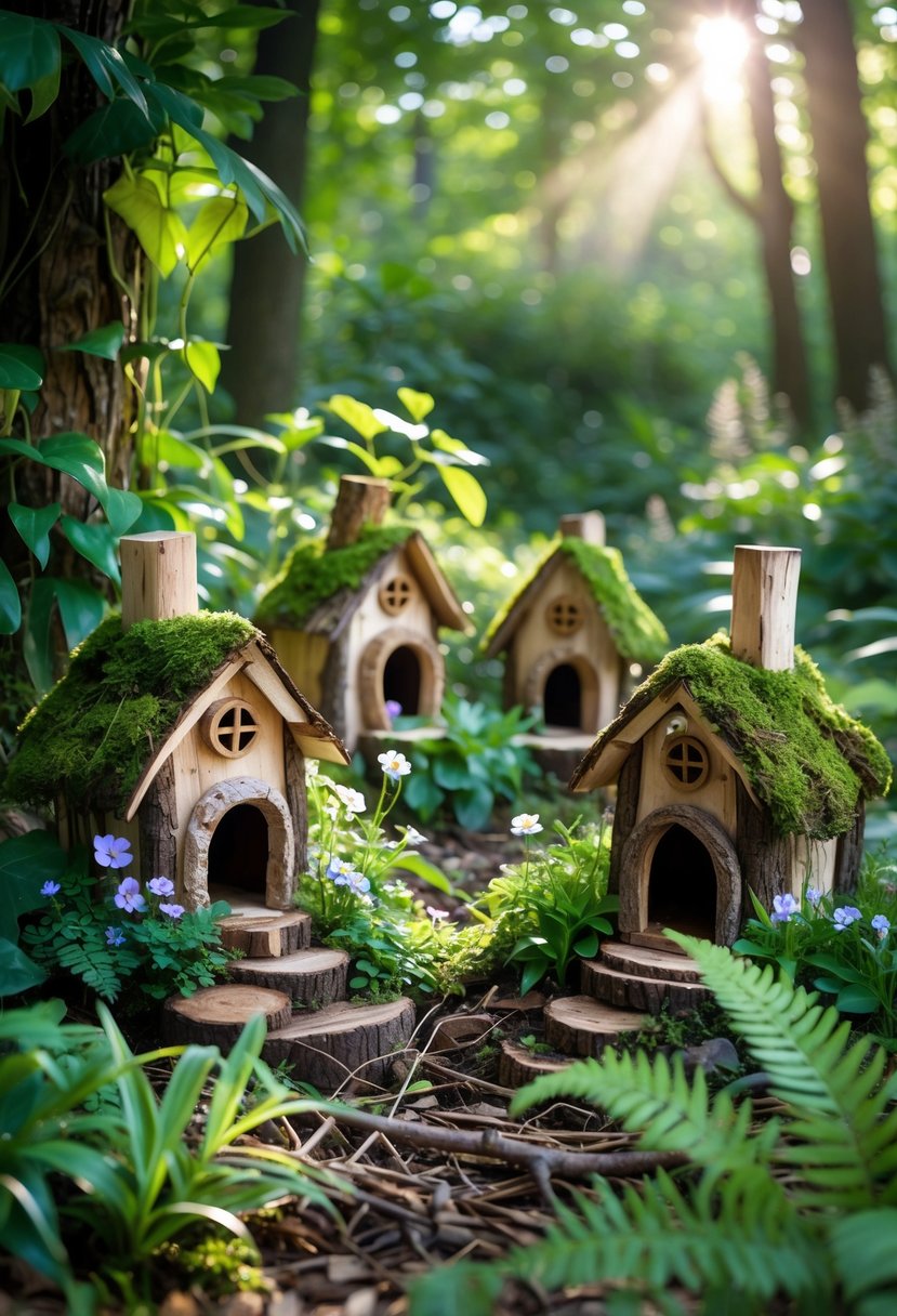 A close-up view of tiny fairy houses made from bark nestled among green plants and flowers in a forest garden.