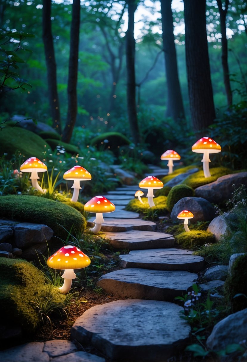 A winding stone path in a forest garden lit by glowing mushroom-shaped solar lights surrounded by trees, moss, and flowers.