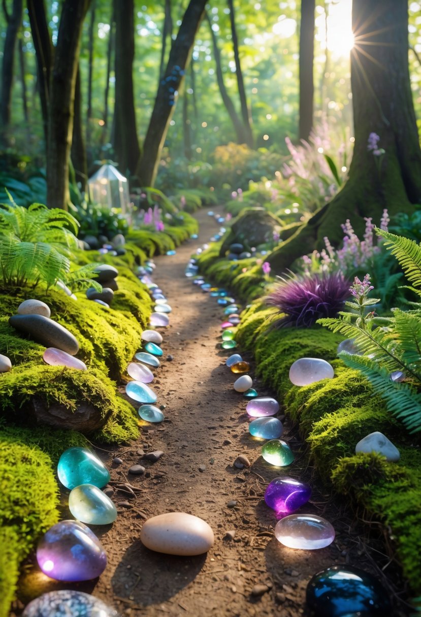 A winding forest path lined with polished stones and crystals surrounded by green plants and trees.