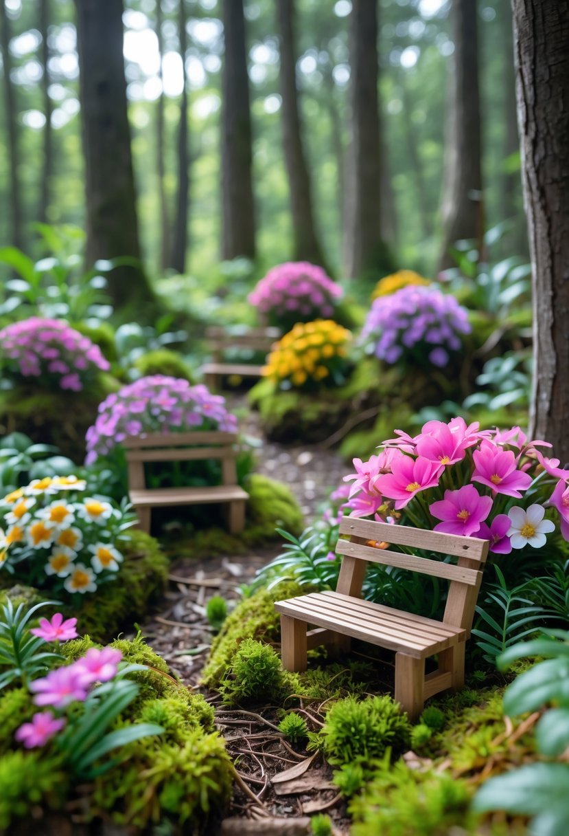 Miniature wooden benches placed near colorful clusters of flowers in a lush forest garden setting.