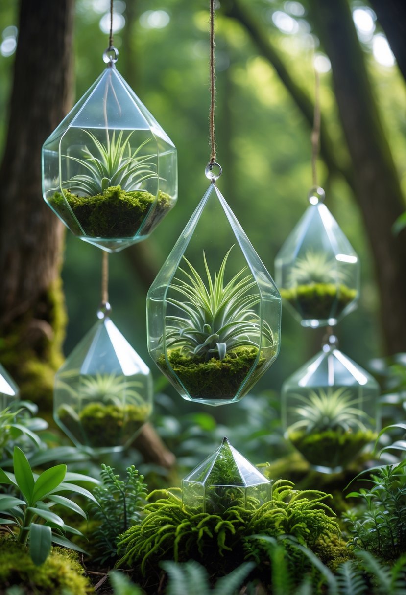 Hanging glass terrariums with green air plants suspended in a forest garden surrounded by moss and ferns.